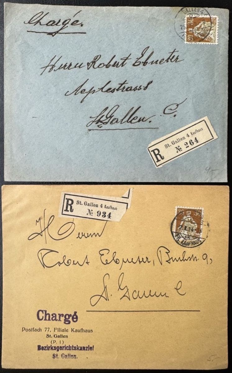 Alle Briefmarken: 2 Schweiz R-Briefe St. Gallen 1923 & 1924 Chargé – Gebraucht aus birsfelden von tim0444