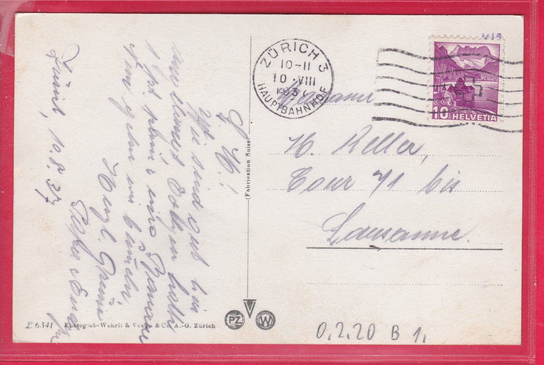 Cartoline postali: ZÜRICH, RIVIERA, 10.8.1937 – Usato da Oberrieden venduto da Gebirgsstelze 1