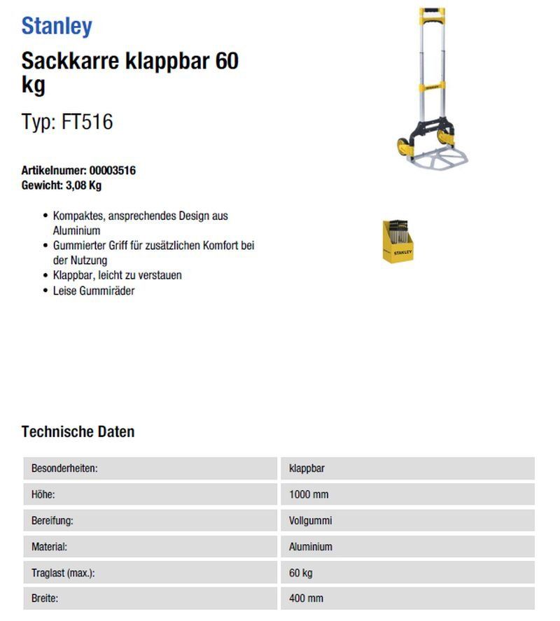 Valigie & Borse: Sackkarre klappbar 60 kg - 3516 – Nuovo e nell'imballaggio originale da Opfikon venduto da opf_b7kx 2