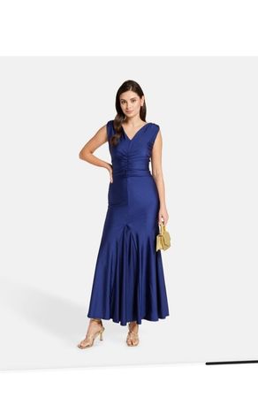 Abendkleid dunkelblau gerafft V-Ausschnitt neuwertig  M/ 42