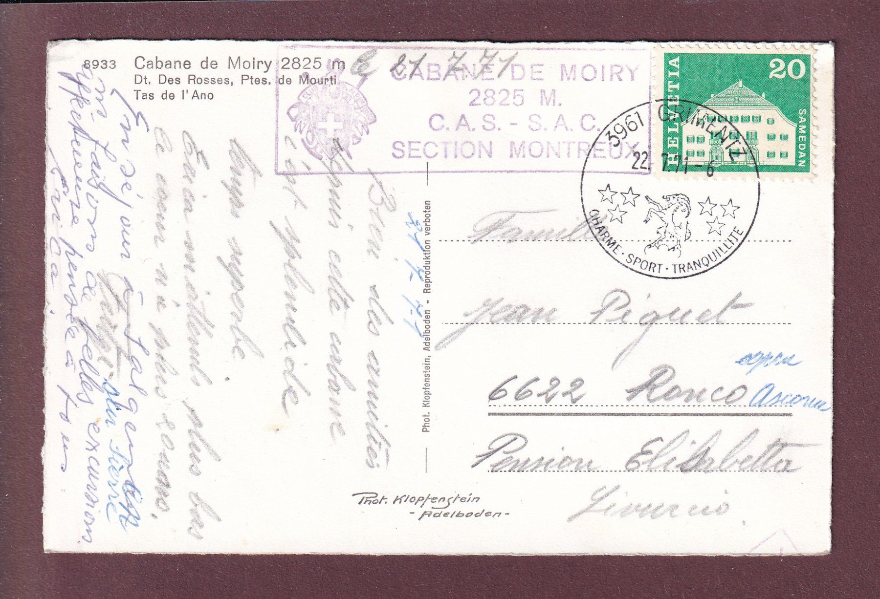 Ansichtskarten: Cabane de MOIRY - Dent des Rosses - 1971 – Gebraucht aus Pully von nicecards 1