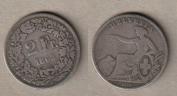 Tutti le monete: 2 Franken 1863 Sitzende Helvetia – Usato da Allschwil venduto da Coinfreak