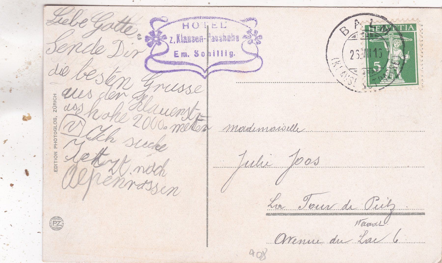 Cartoline postali: Klausenstrasse 1916 – Usato da Herisau venduto da Lisegrat2008 1