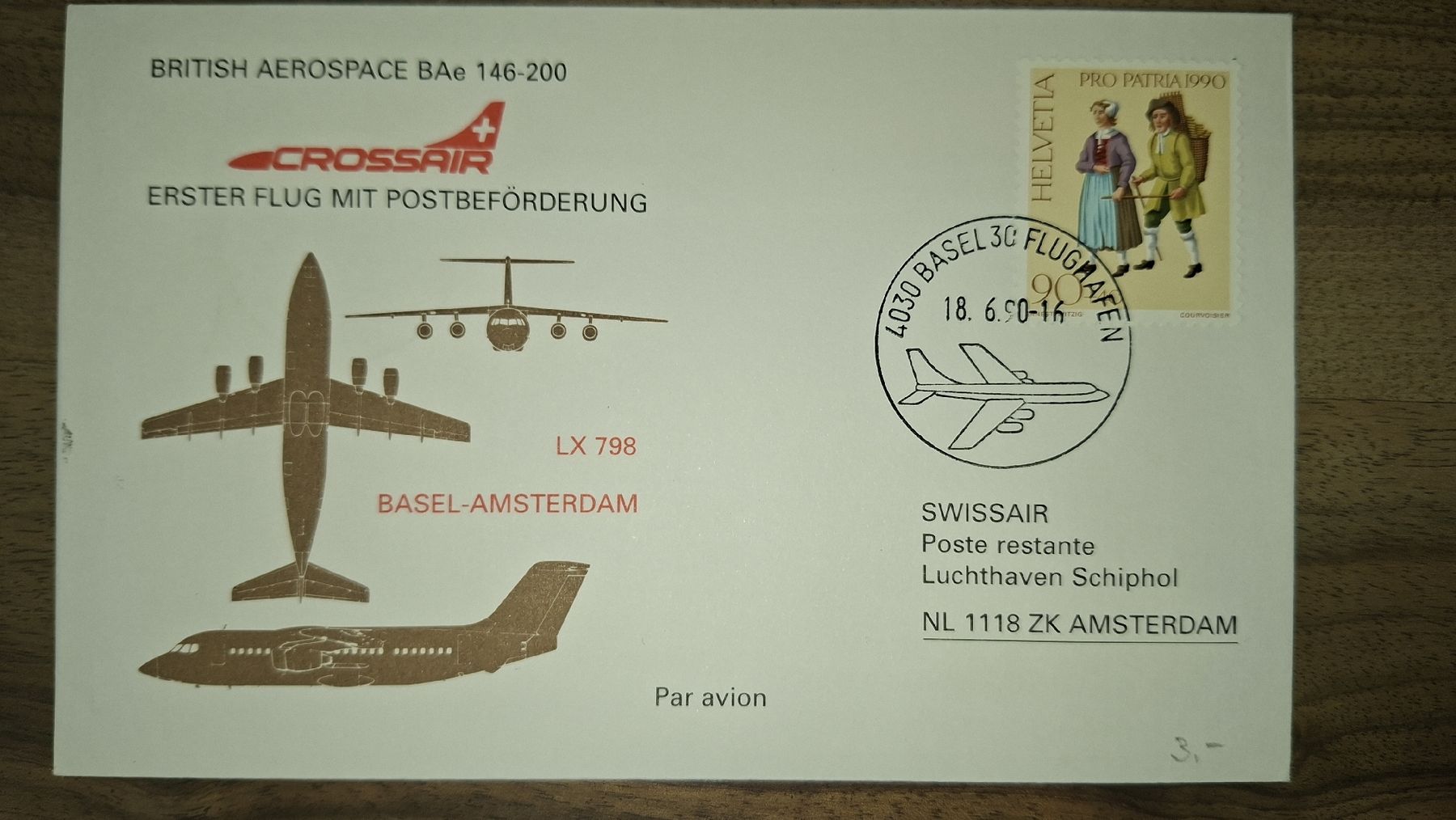 Tutti i francobolli: Swissair Basel - Amsterdam 18.06.1990 – Usato da Balgach venduto da SIMEON27