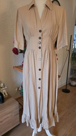 Zara Dress Beige Short Sleeve Button Front Midi Size S