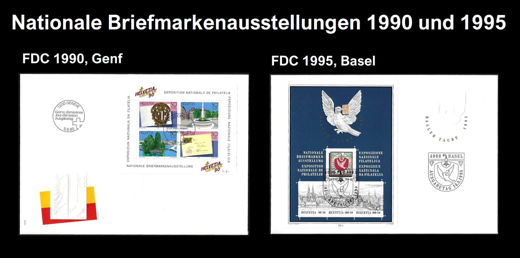 Tutti i francobolli: 2 FDCs Briefmarkenausstellungen: Genf 1990, Basel 1995 – Usato da Baar venduto da miam8