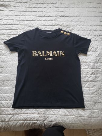 Balmain Paris Black T-Shirt with Gold Logo, Size 38