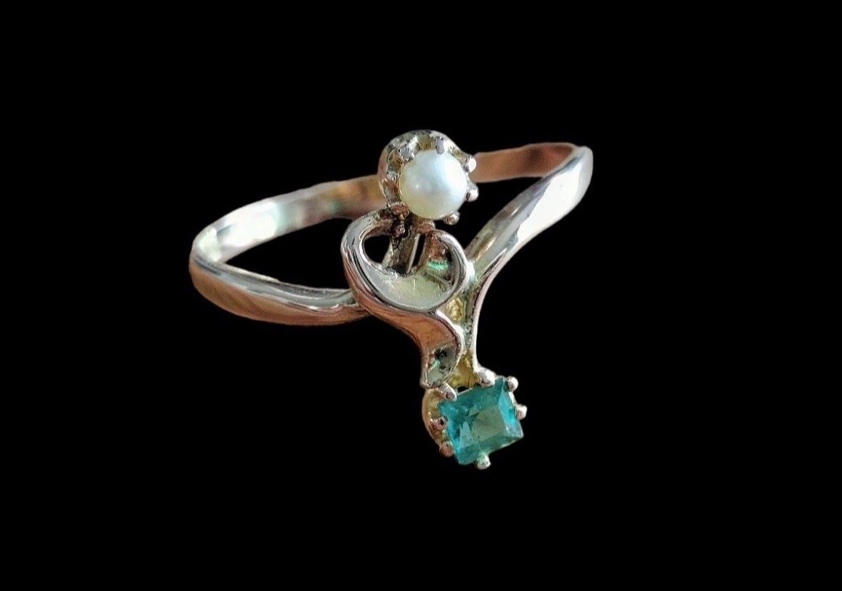 Anelli: Jugendstil 585 Rosegold Ring mit Smaragd & Perle – Usato da Bätterkinden venduto da peacelover_fili 1