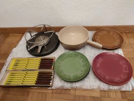Fondue Set Keramik komplett, inkl. Teller, Vintage Stil!