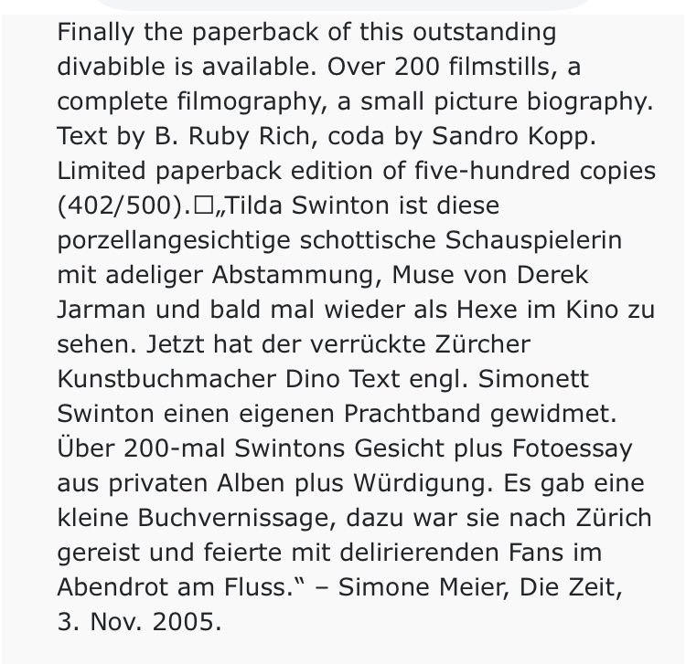Libri: Tilda Swinton & Dino Simonett – Nuovo e nell'imballaggio originale da Zürich venduto da nisse01 4