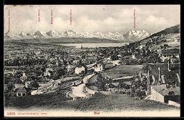 AK Biel, Ortsansicht mit See und Alpen
