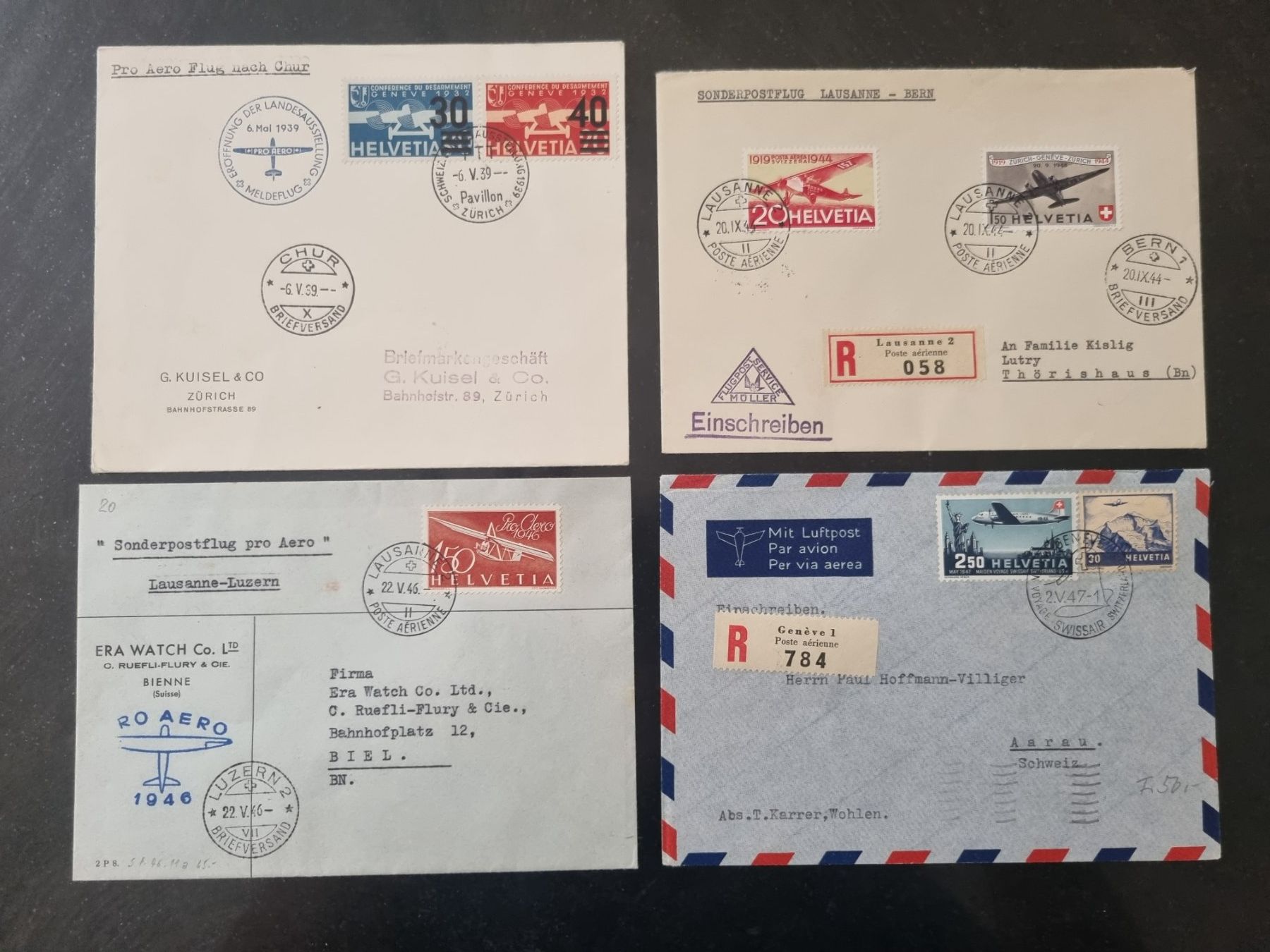 Alle Briefmarken: 4 CH Flugpost Briefe 1939 - 1947 : KP 235.-- – Gebraucht aus Gümligen von Geniusbuy