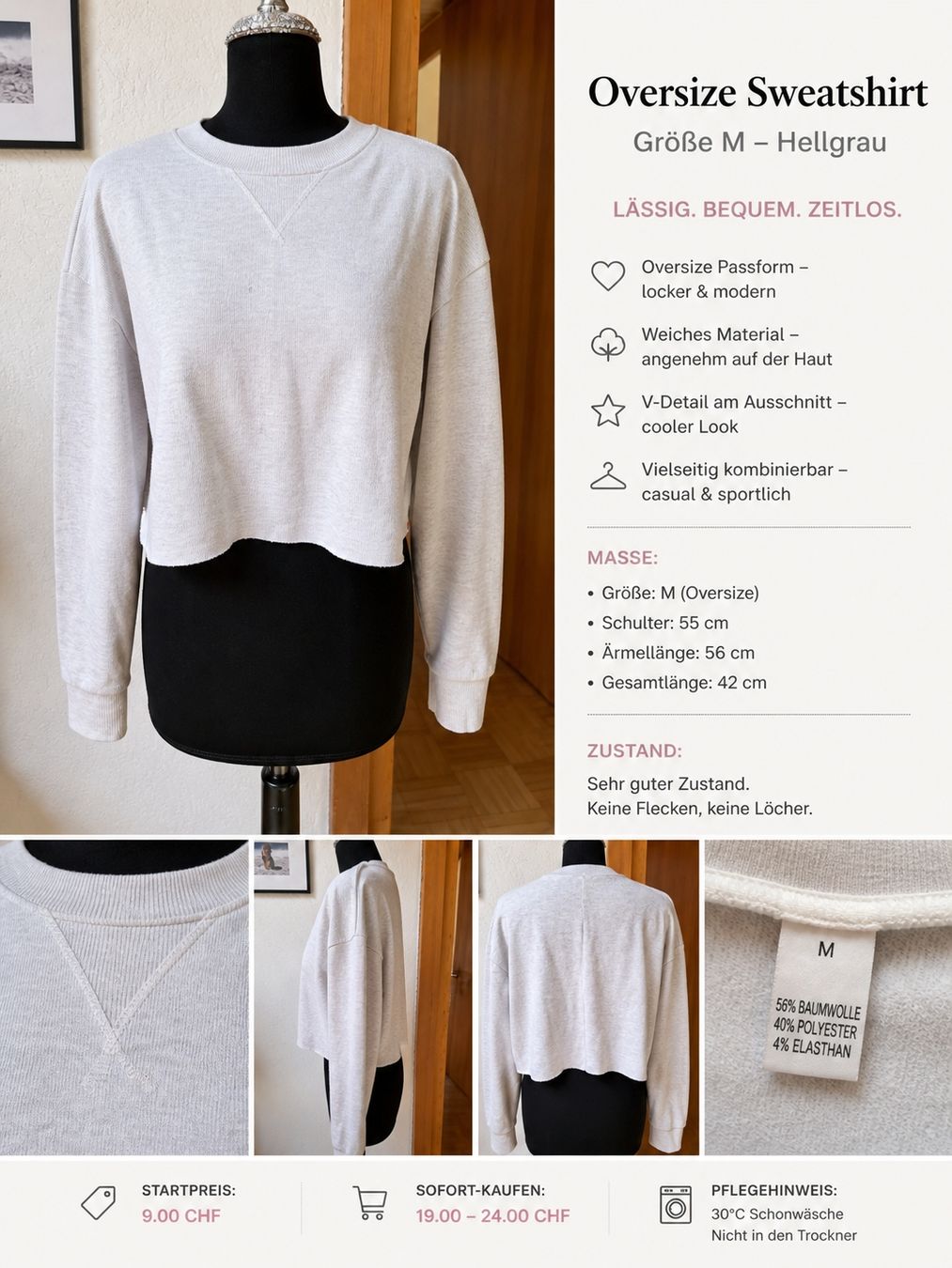 Maglioni & Felpe: Oversize Sweatshirt Gr. M Crop Schnitt Hellgrau Basic 6000 – Usato da Vinelz venduto da sonnenmond77