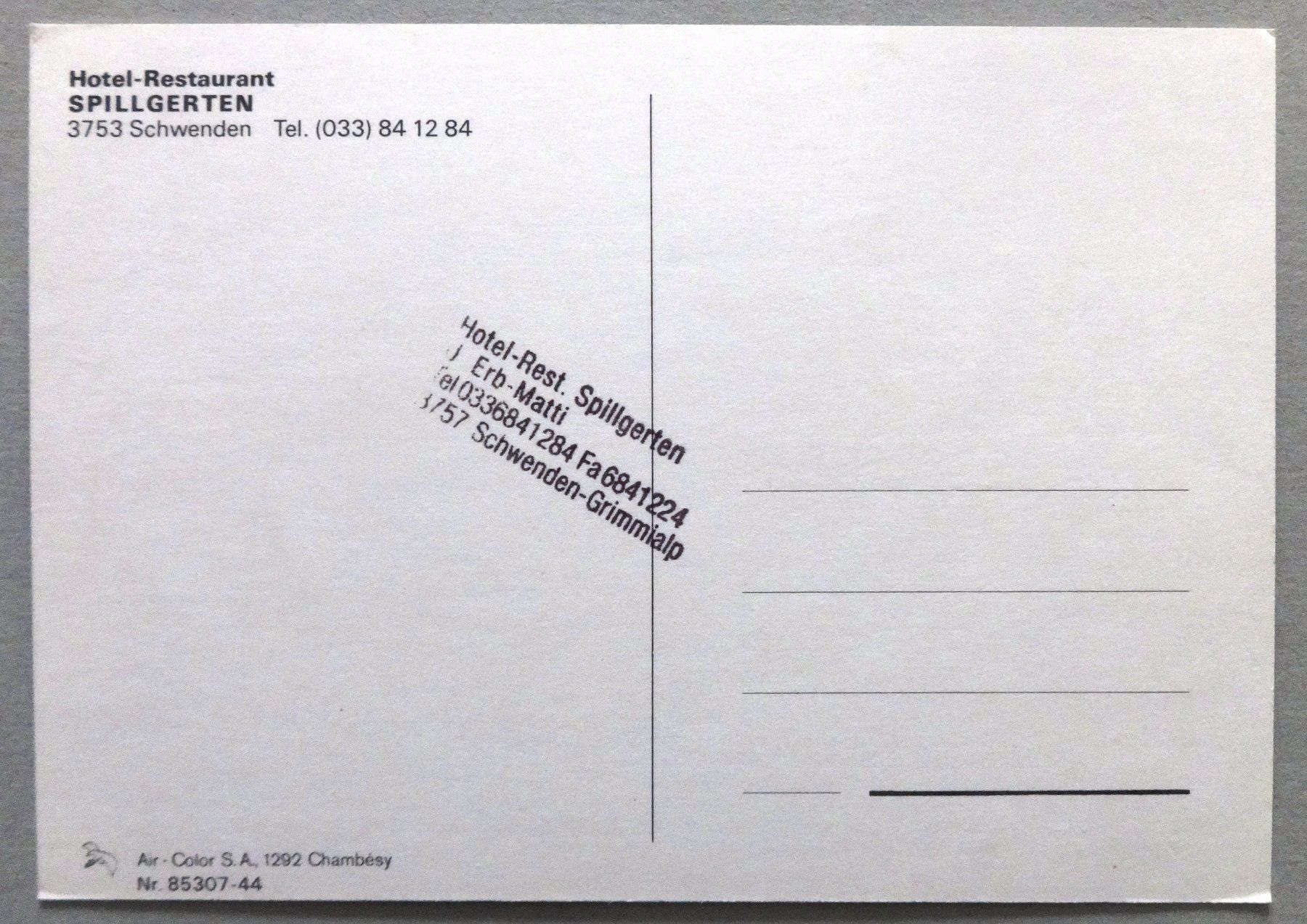 Cartoline postali: Hotel-Rest. Spillgerten, Schwenden – Usato da Fétigny venduto da Billy2miny 1
