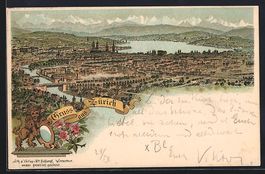 Litho Zürich, Blick auf die Stadt, Kart