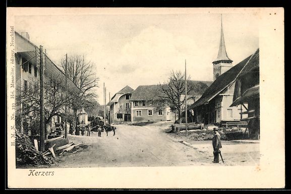 Ansichtskarten: AK Kerzers, Straßenpartie mit Kirche – Gebraucht aus Berlin von bartko-reher