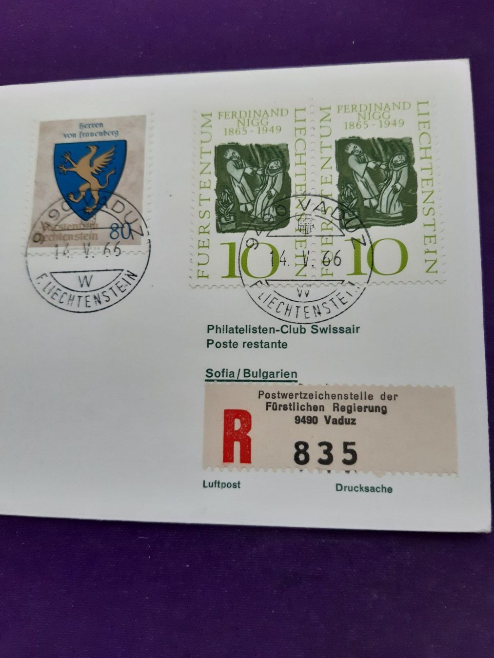 Tutti i francobolli: Erstflugbrief Vaduz-ZH-SOFIA, eingeschrieben vom14.V.66 – Usato da Wangs venduto da weisstannen01 1
