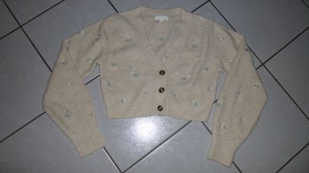 Damen-Strickjäckli kurz, beige bestickt / H&M / S
