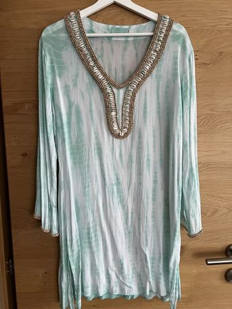 Strandkleid mint-türkis Gr. L mit Muscheln und Perlen besetz