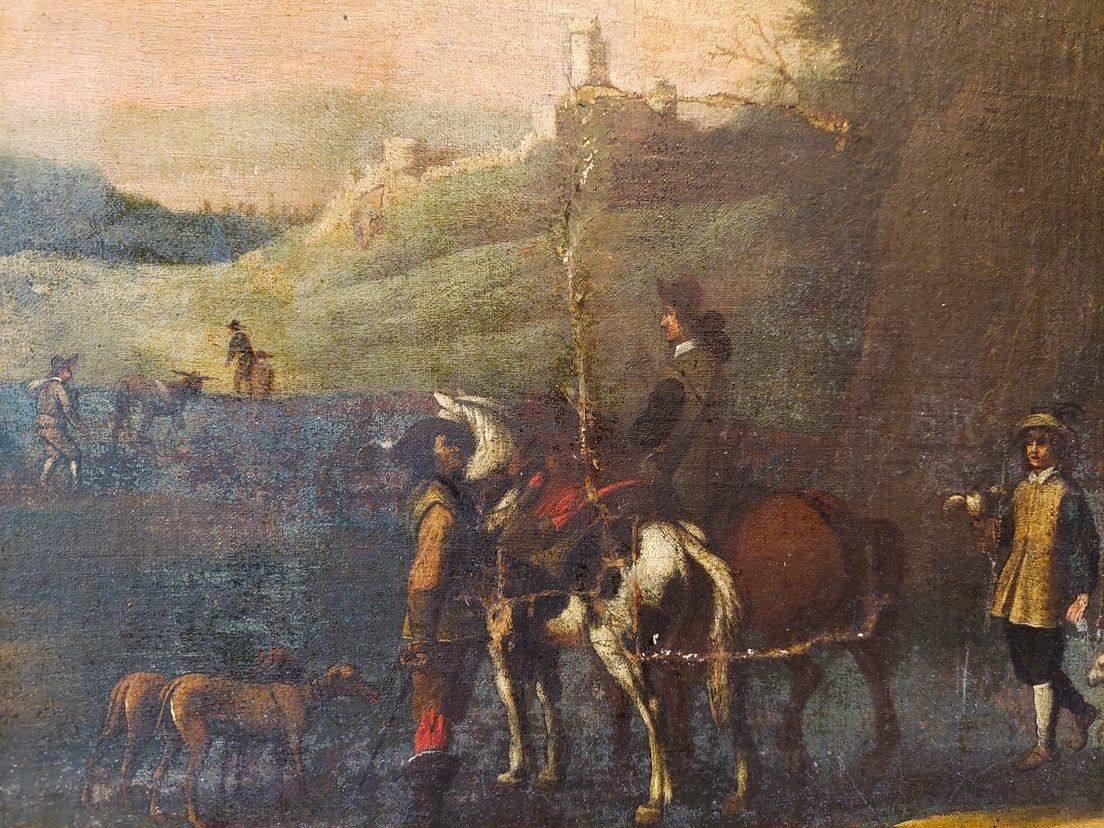 Dipinti: Uraltes Gemälde Jagdszene mit Burg – Usato da Ebnat-Kappel venduto da swissness03 1