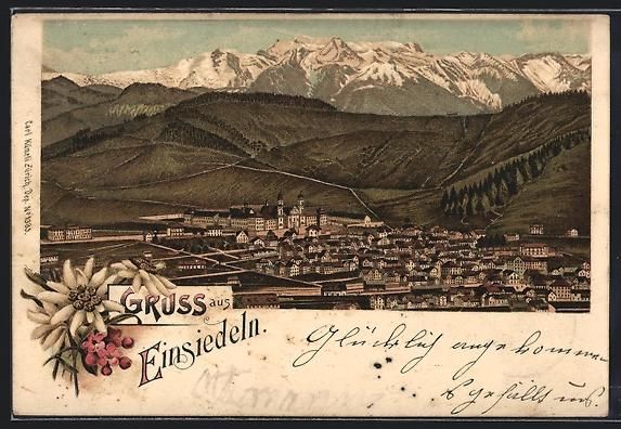 Cartoline postali: Litho Einsiedeln, Ortsansicht gegen die  – Usato da Berlin venduto da bartko-reher