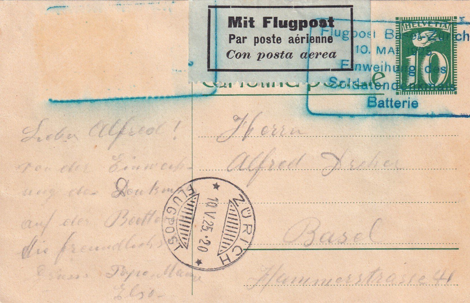 Tutti i francobolli: Flugpostkarte 10.Mai1925: Einweihung Soldatendenkmal – Usato da Birsfelden venduto da chr_yq2g