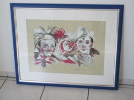 Rolf Knie DREI CLOWNS WEISS-ROT hs./hn. 119/180 gerahmt