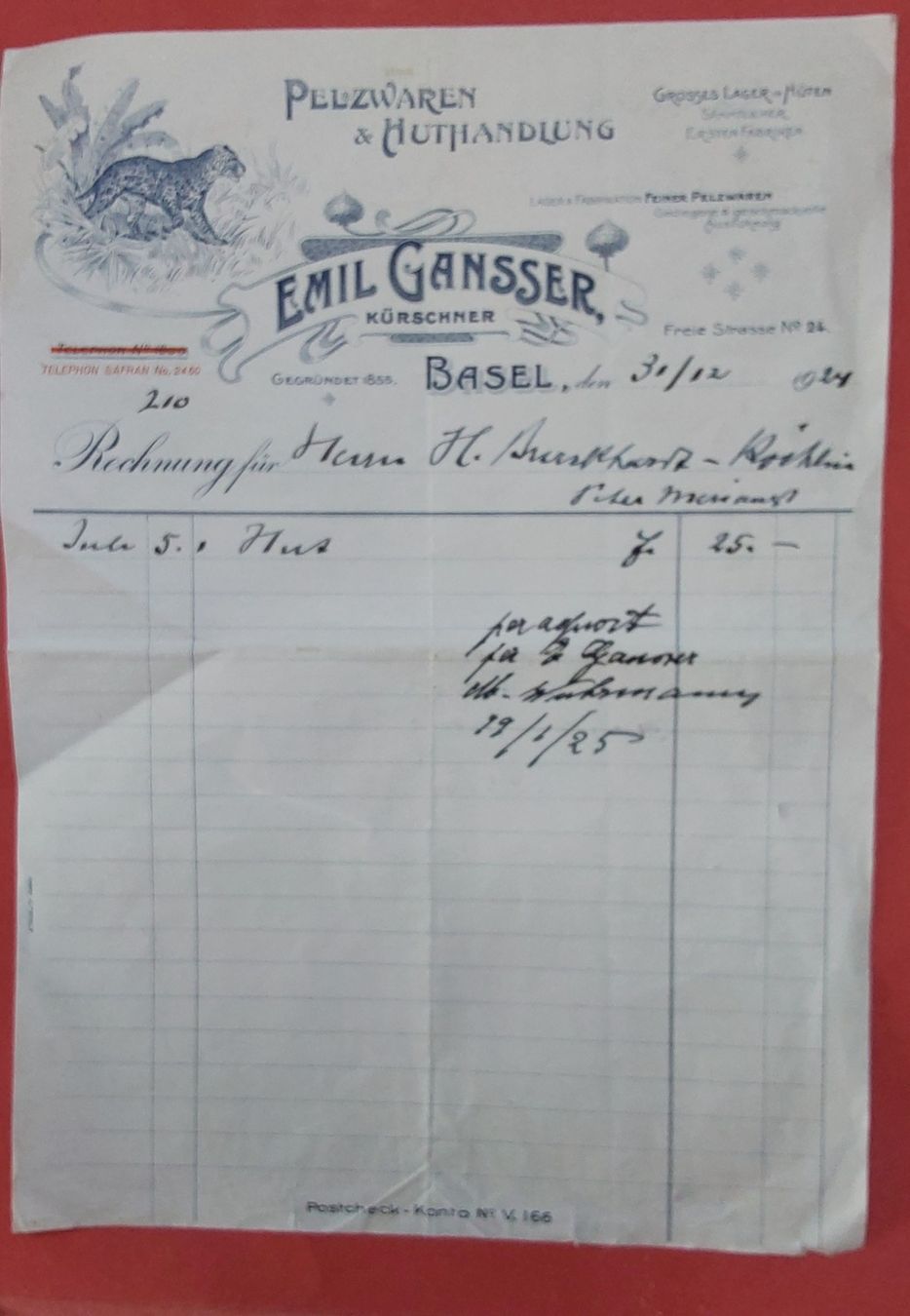Documenti: Antike Rechnung Emil Gansser Basel 31.12.1924 Gepard – Usato da Windisch venduto da Benji026