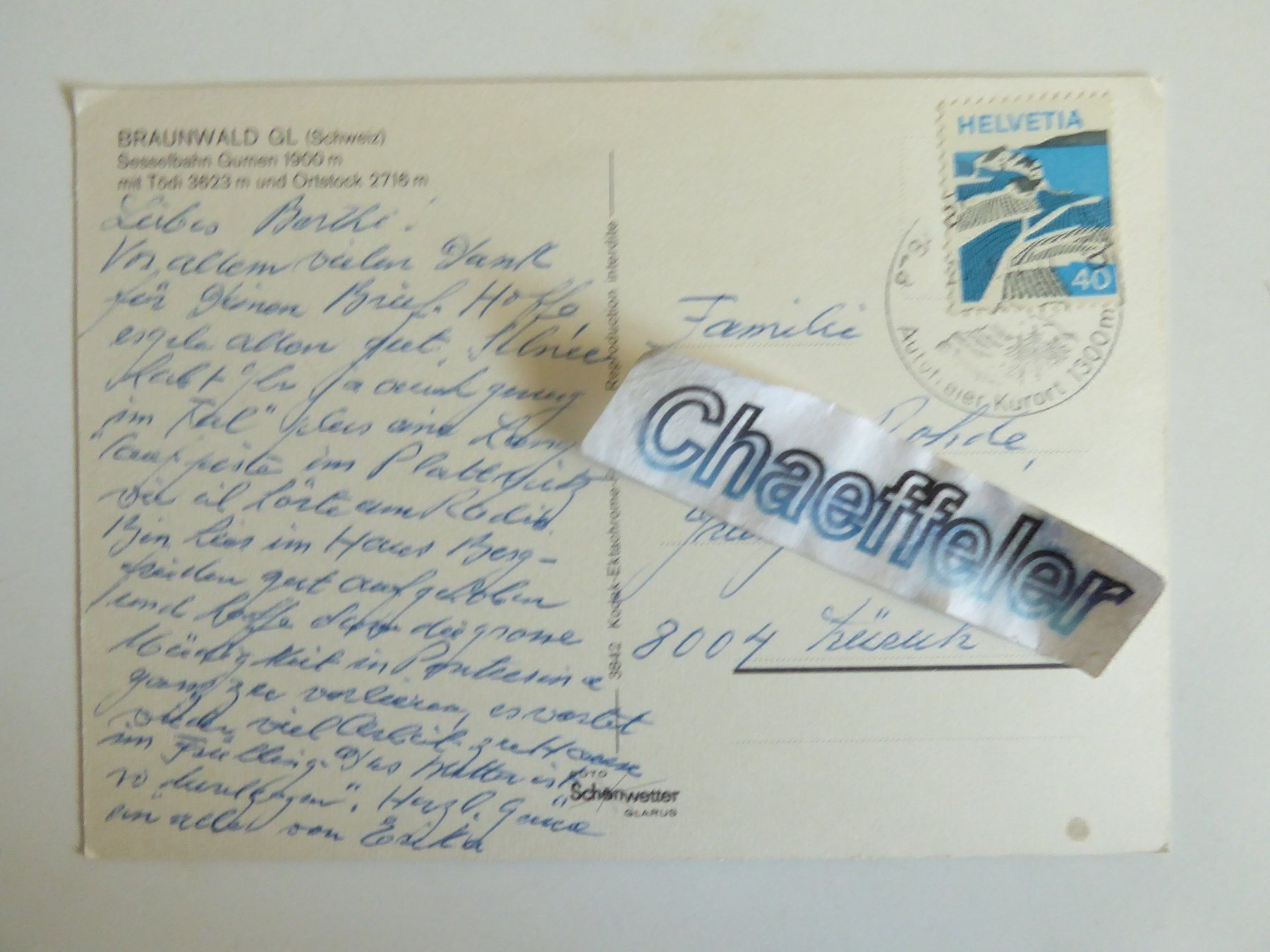 Cartoline postali: 1977  Braunwald GL, Sesselbahn Gumen mit Tödi – Usato da Zürich venduto da Chaeffeler 1