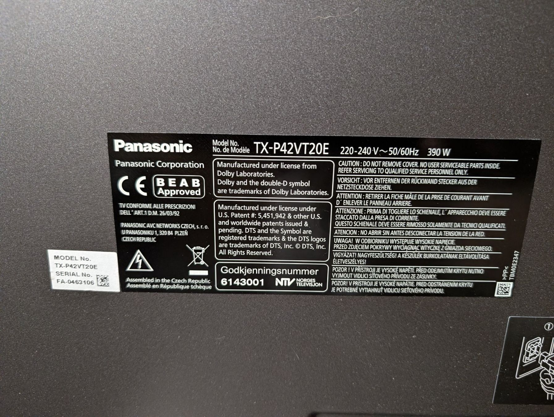 Panasonic Televisori: Panasonic TX-P42VT20E - Top Zustand – Usato da Seon venduto da phi_v98q 1