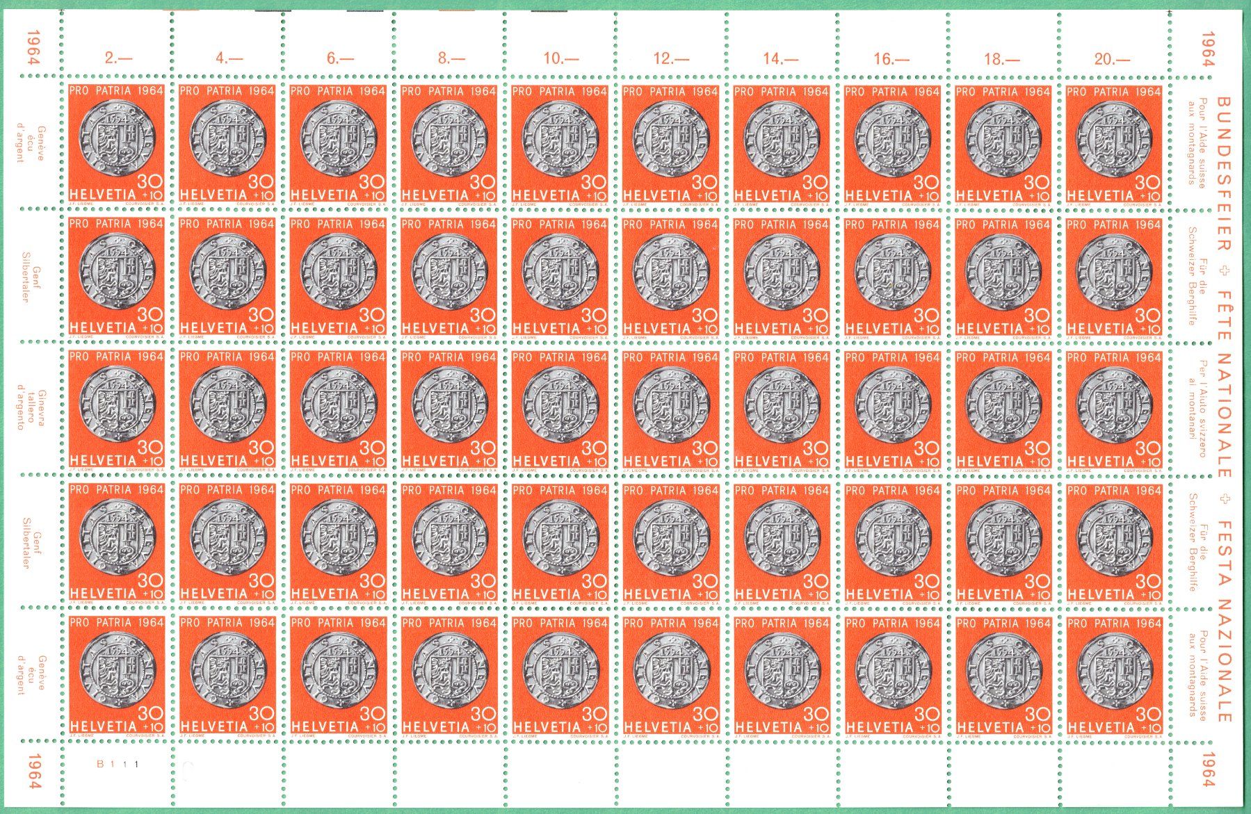 Tutti i francobolli: Bogen  1964   Pro Patria     Genève Silbertaler   postfrisch – Nuovo (secondo la descrizione) da Mellingen venduto da Ginger