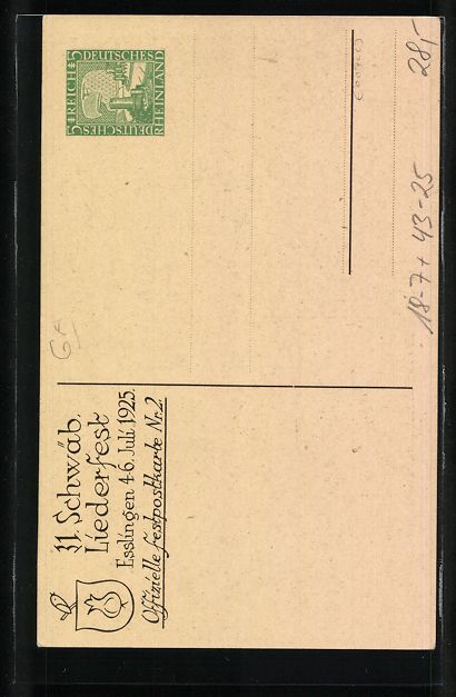 Cancelleria postale: Esslingen, 31. Schwäb. Liederfest 1925, – Usato da Berlin venduto da bartko-reher 1