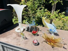Murano Glas Figuren Konvolut 7 Stück diverse Tiere mit Vase
