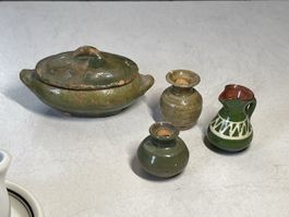 Keramik Miniatur Set, Grün, Vintage Stil, Unikat!
