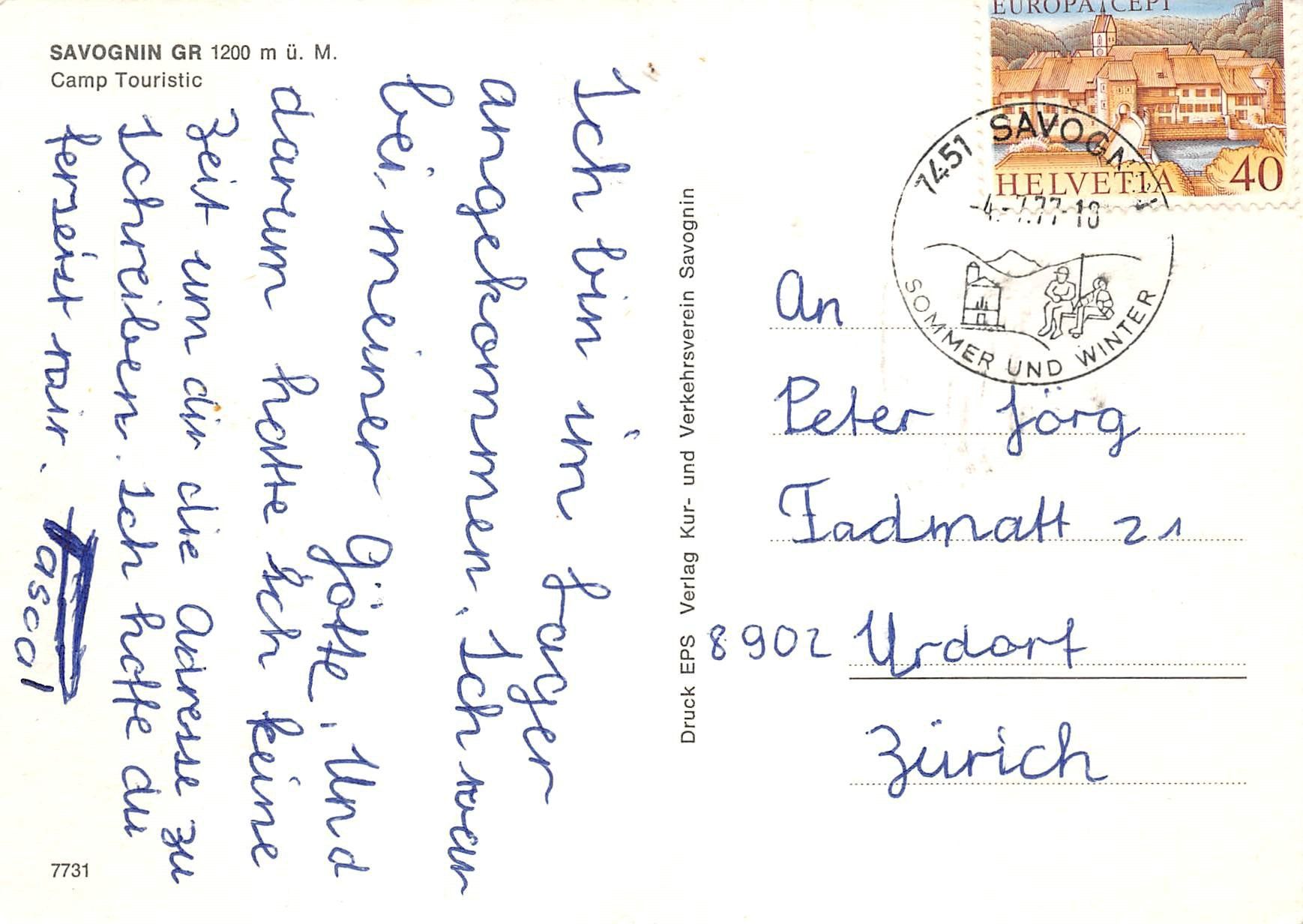 Cartoline postali: Savognin, Camp Touristic – Usato da Ottikon b.Kemptth. venduto da Neptun1974 1