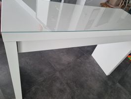 Tisch weiss mit Glasplatte und Schublade, guter Zustand