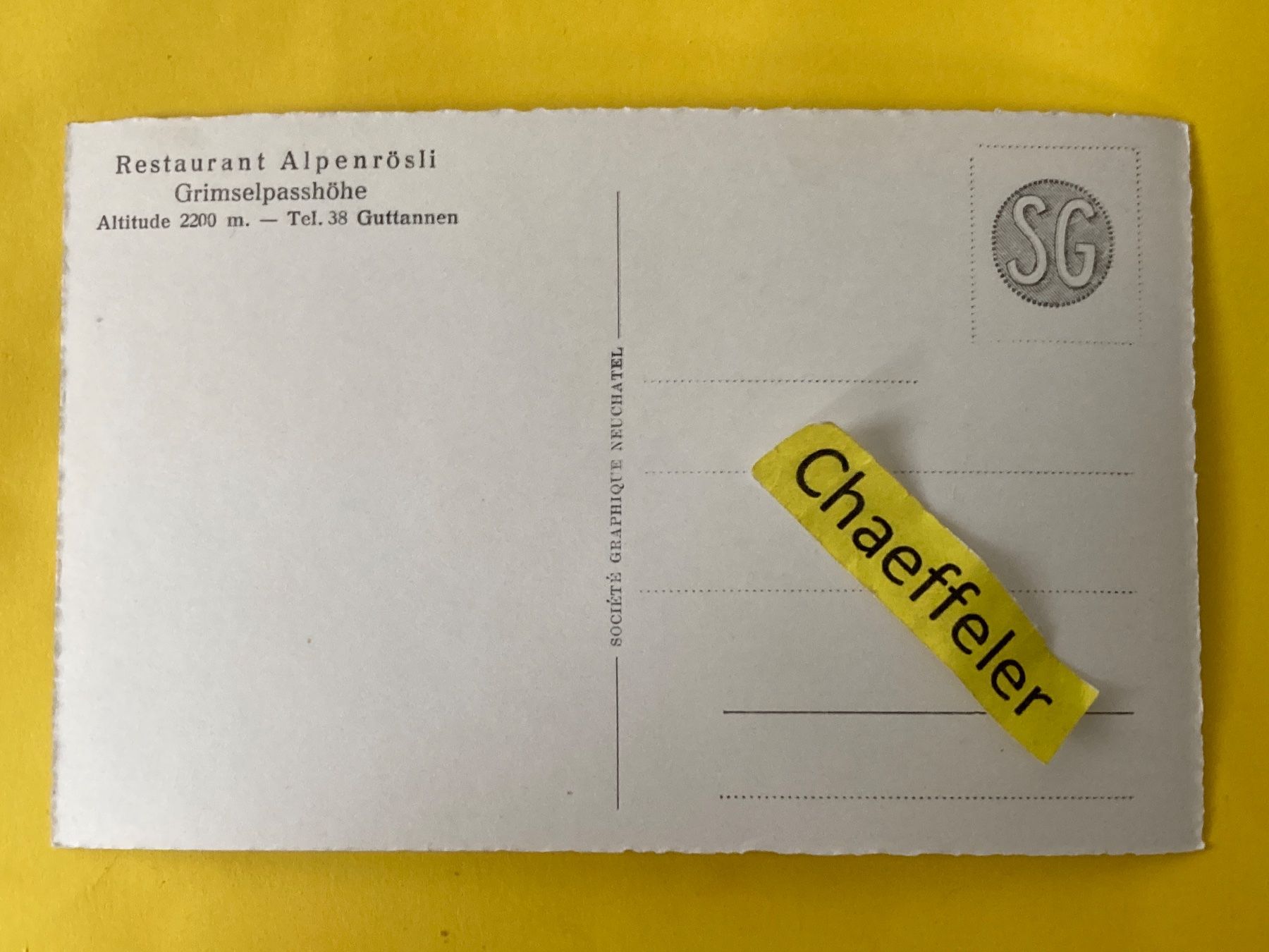 Cartoline postali: Grimselpasshöhe, Totensee,  Restaurant Alpenrösli – Usato da Zürich venduto da Chaeffeler 1