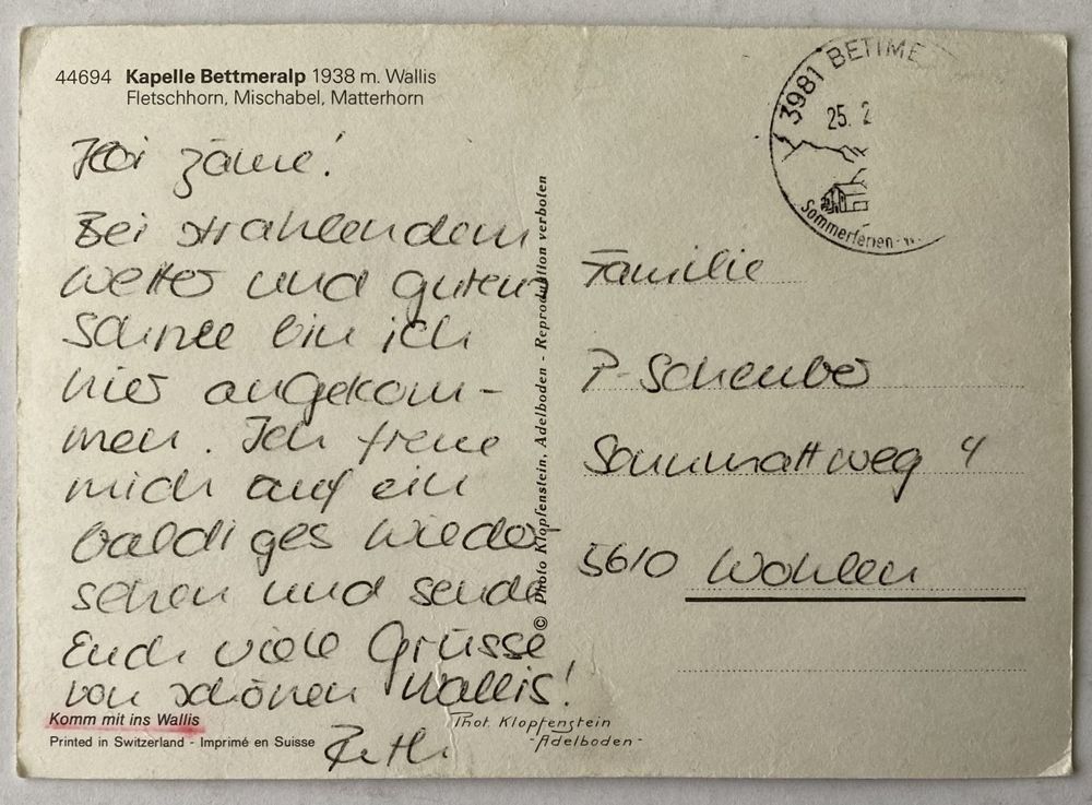 Cartes postales: Kapelle Bettmeralp, 1938m. Wallis (Versandkostenfrei) – D'occasion à Flums par TuttoA 1