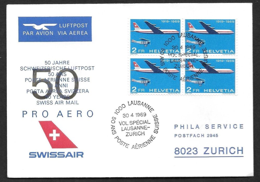 Jubiläumsflug 50 Jahre Luftpost Lausanne - Zürich 30.4.1969 (Neu ...