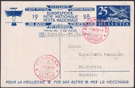 1928, Bundesfeierkarte 48I von Zürich nach St. Gallen, 75.-