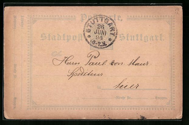 Cartoline postali: Stuttgart, 1894, Private Stadtpost, Post – Usato da Berlin venduto da bartko-reher