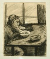 Frau am Tisch Kreidezeichnung signiert 27 x 34 cm