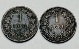 2 pièces de monnaie 1 kreuzer Autriche 1860 B et 1881 K.K