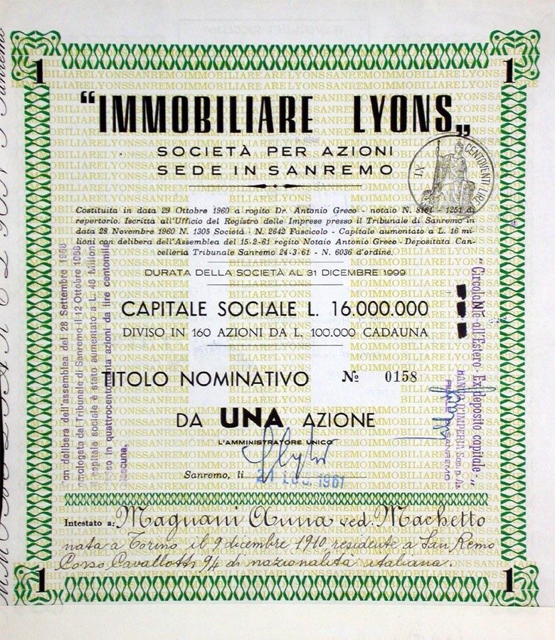 Documenti: Immobiliare Lyons SA, SanRemo - 1961 – Usato da Solothurn venduto da Sgasche