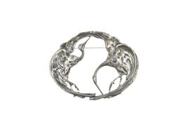 Sehr grosse Jugendstil Brosche 2 Kraniche 925 Silber *S4623