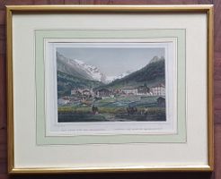 Bild - colorierter Stahlstich Bad Leuk und das Balmhorn
