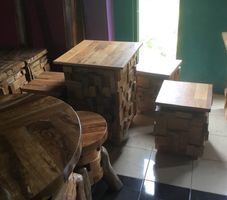 SET Sitzgruppe Hocker Tisch Teak Holz Sitzmöbel Garnitur