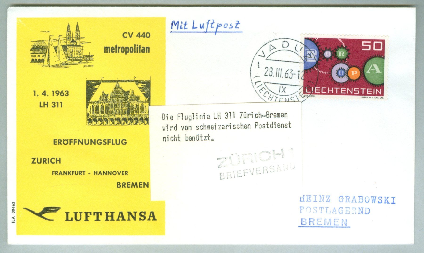 Tous les timbres: 1963 Liechtenstein Flugpost – D'occasion à Zürich par yago-rot