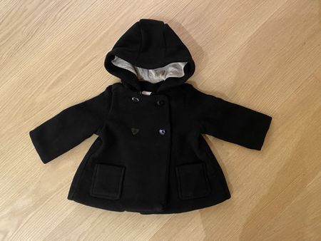 Stylish Baby Girl's Black Winter Coat with Hood, Size 68