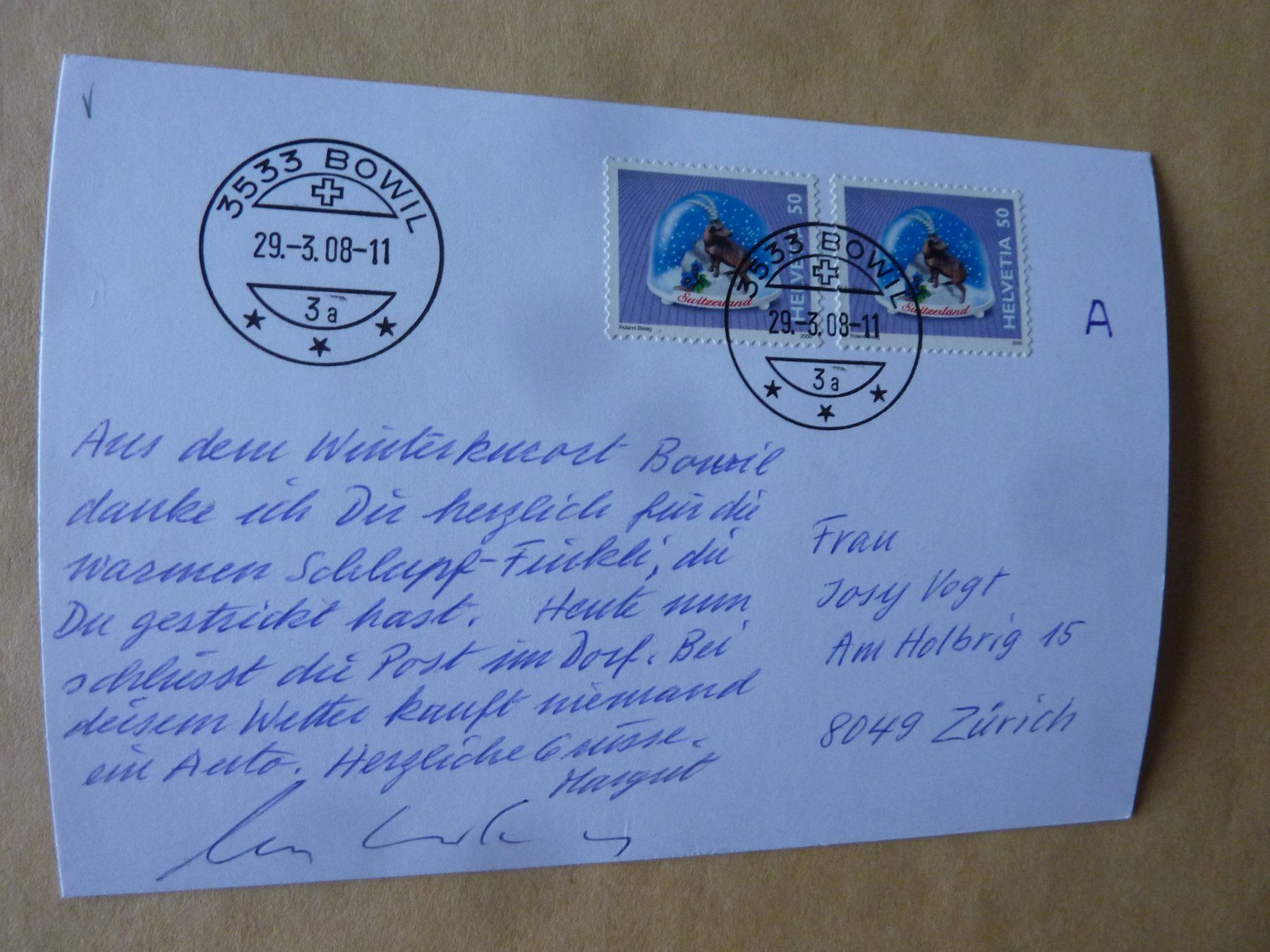 Cartoline postali: FOTOPOSTKARTE ORIGINAL BRIEFMARKEN, POSTSTEMPEL  BOWIL BE – Usato da Zürich venduto da Rrehsuah 1
